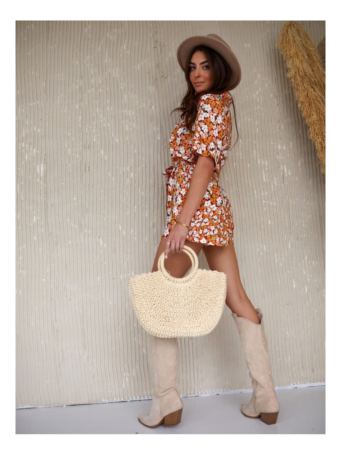 Summer floral jumpsuit with a collar, orange and cream 03510 - Online store - Boutique